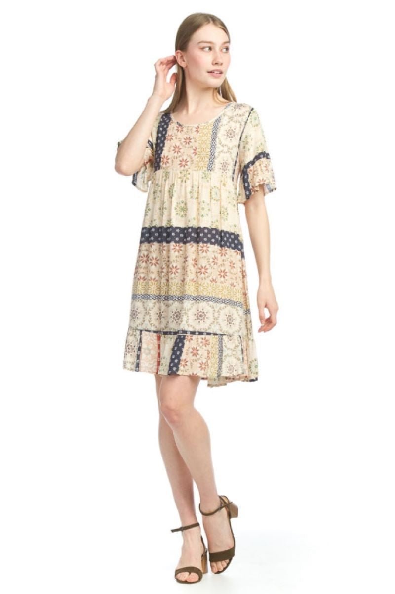 Boho Dobby Patchwork Dress - Oat Navy