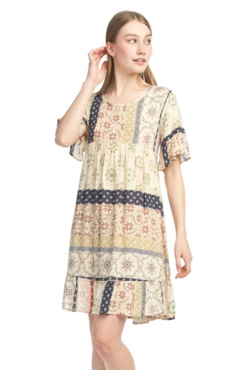 Boho Dobby Patchwork Dress - Oat Navy