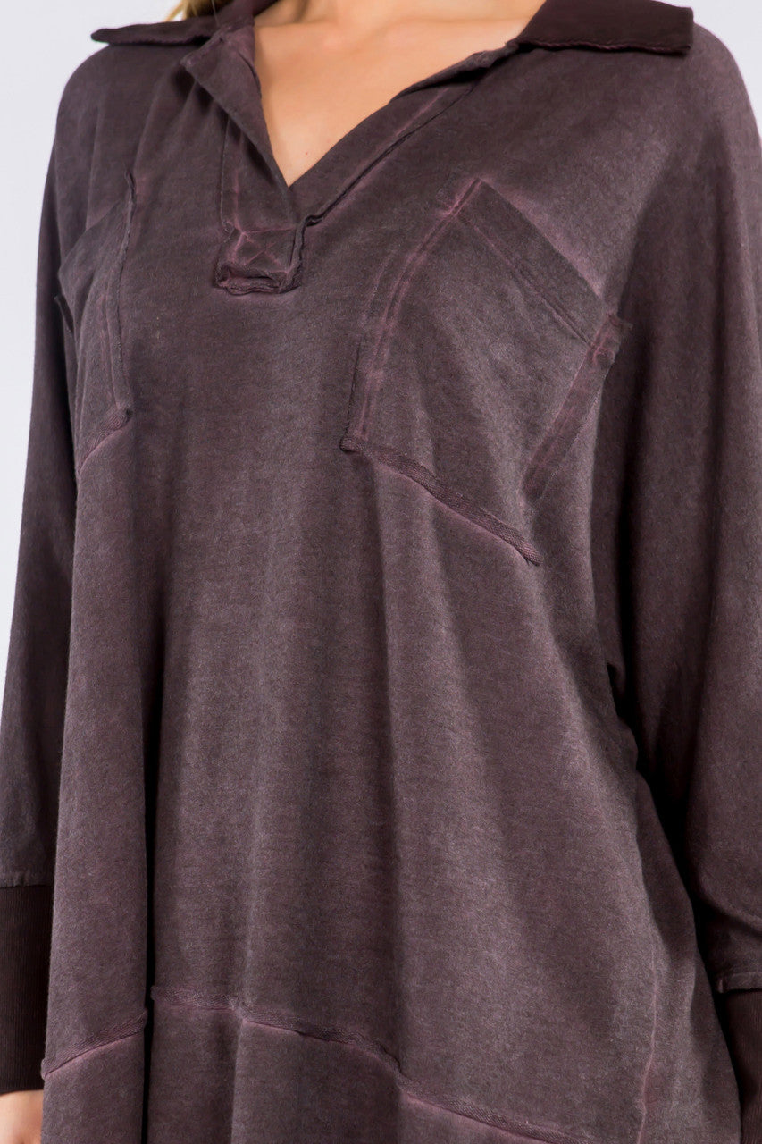 Oil Wash V Neck Long Sleeve Tunic - Fig