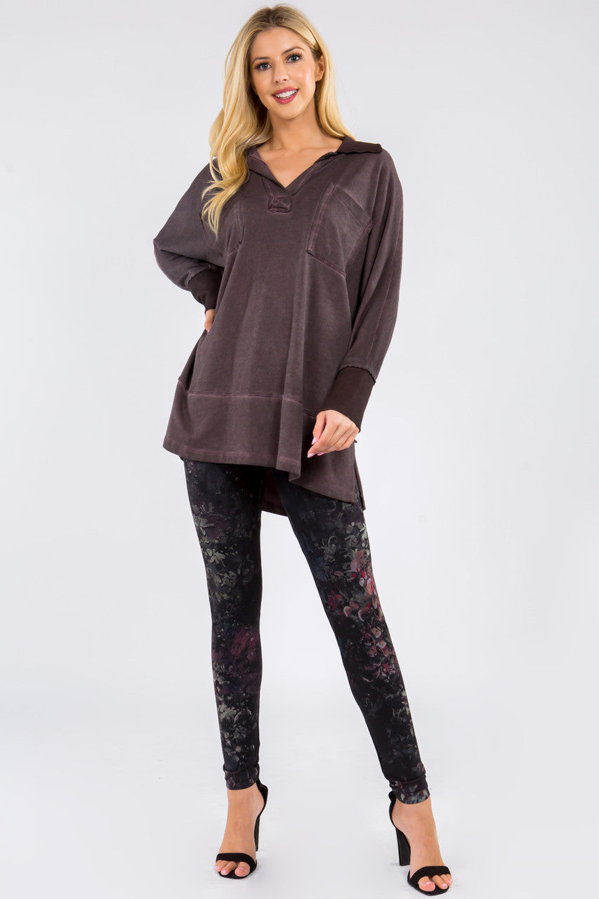 Oil Wash V Neck Long Sleeve Tunic - Fig