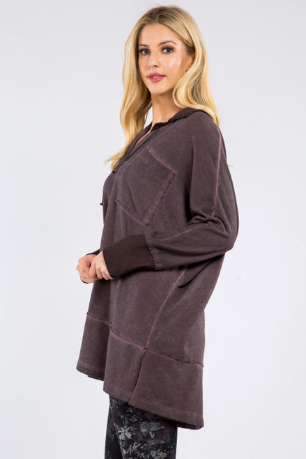 Oil Wash V Neck Long Sleeve Tunic - Fig