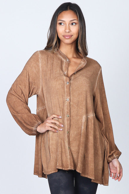 Oil Washed Woven Cross Hatch Blouse with Side Pleats - Camel