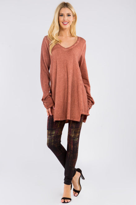 Oil Washed French Terry Tunic with 3/4 Sleeves - Paprika
