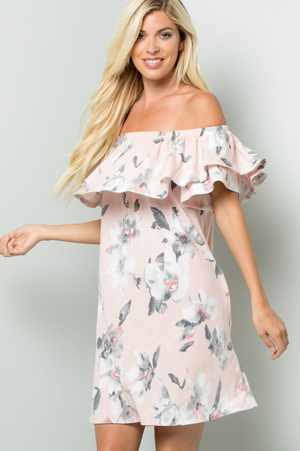 Floral Ruffled Off Shoulder Jersey Dress - Blush