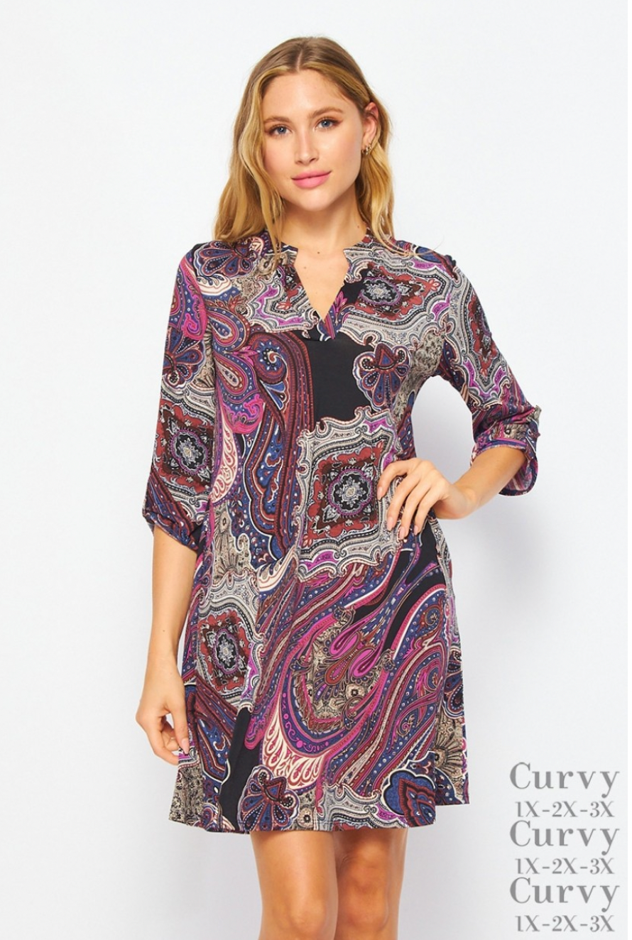 Gabby 3/4 Sleeve Paisley V Neck Dress