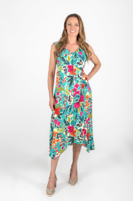 Load image into Gallery viewer, Sleeveless Green &amp;amp; Fuchsia Floral Dress
