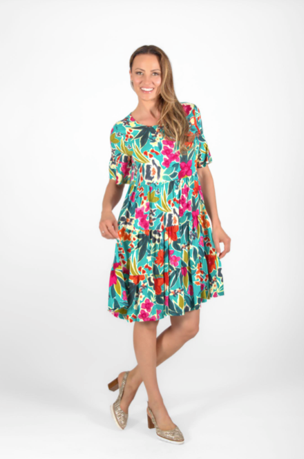 Short Sleeve Green & Fuchsia Floral Dress