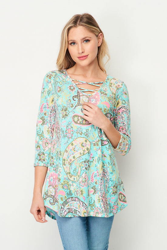 Mint Pink 3/4 Sleeve Paisley Tunic with Neck Detail