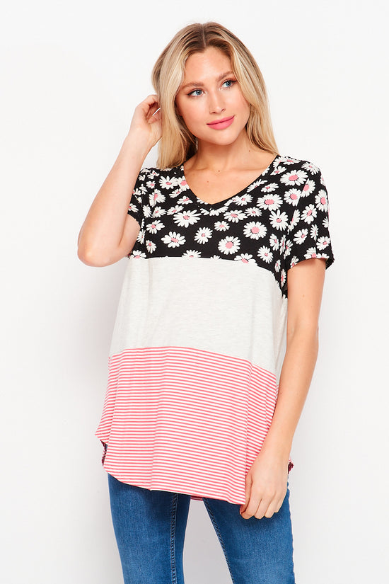 Load image into Gallery viewer, V-Neck Short Sleeve Tunic Black Pink
