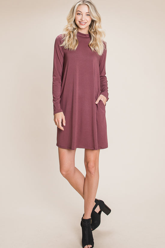 VD42015 Mock Neck Knit Mini Dress with Side Pocket