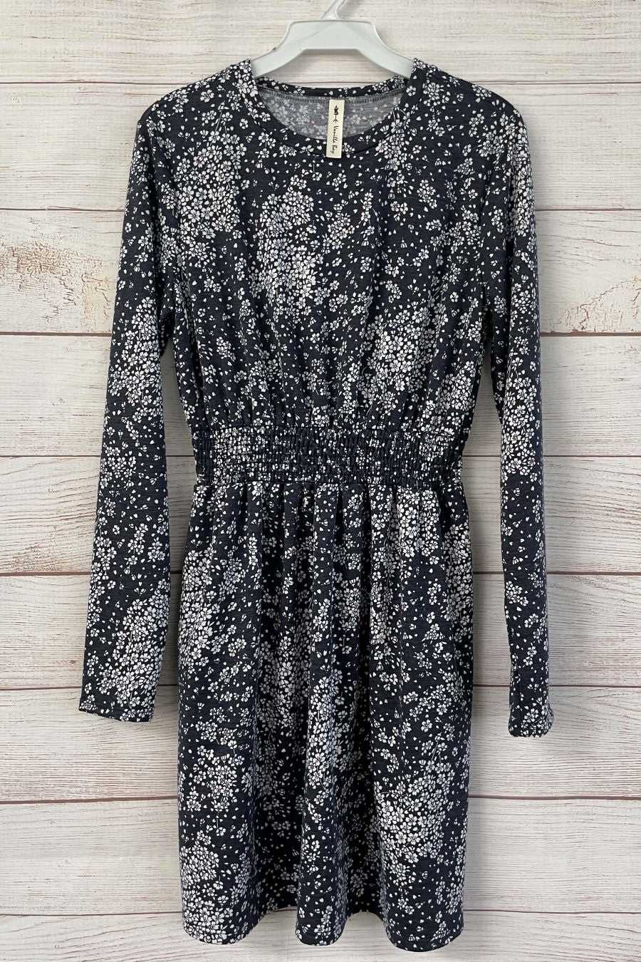 VD42109NVY French Terry Floral Knit Dress with Pockets - Navy
