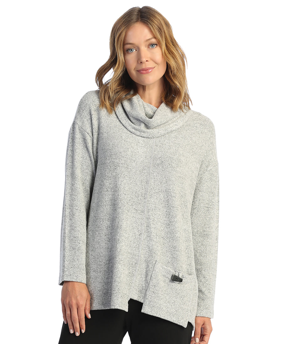 Heather Gray Soft-Brushed Knit Tunic with Cowl Neck and Patch Pocket