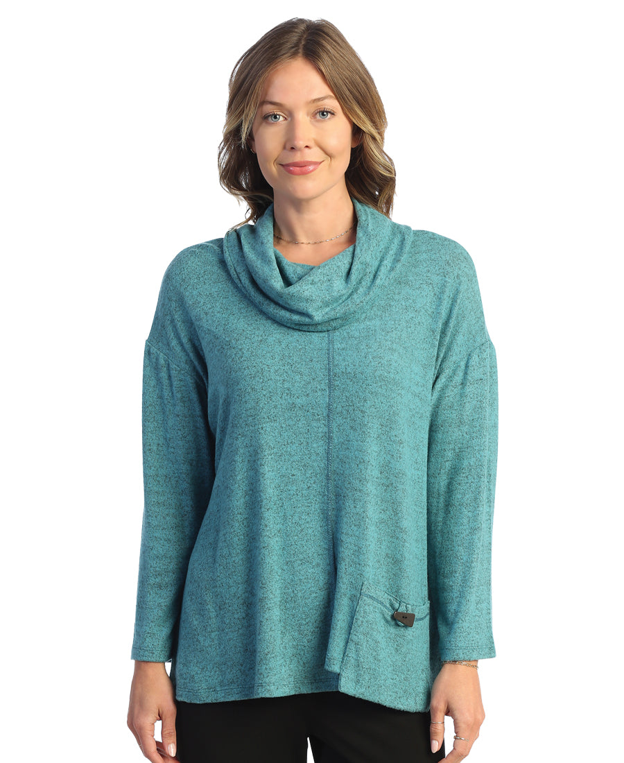 Teal Soft-Brushed Knit Tunic with Cowl Neck and Patch Pocket