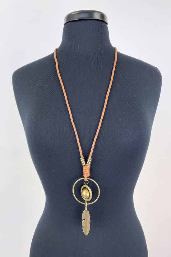 Load image into Gallery viewer, Bronze Colored Sphere and Feather Necklace
