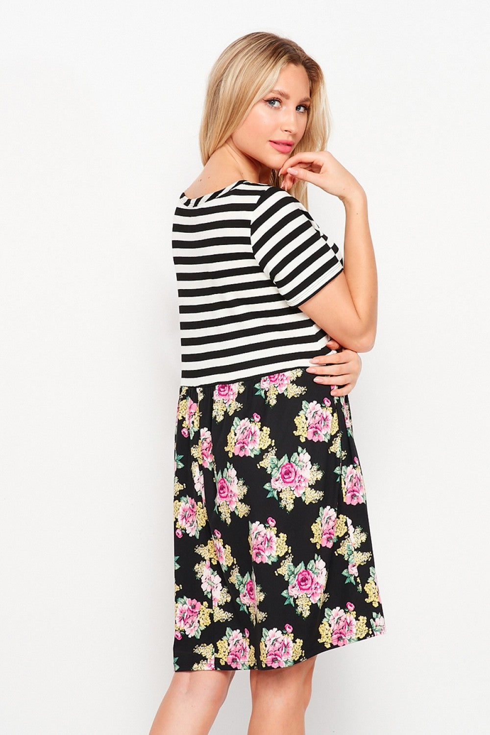 Short Sleeve Stripe and Floral Dress