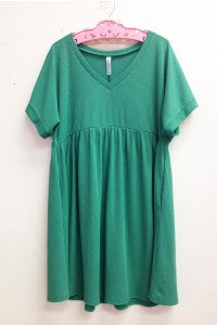 Ribbed V-Neck Baby Doll Dress - Kelly Green