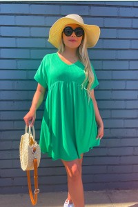 Ribbed V-Neck Baby Doll Dress - Kelly Green