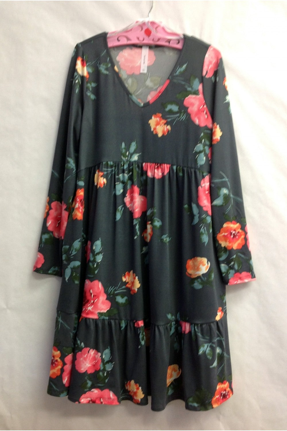 Charcoal Tiered Dress with Pink Flowers