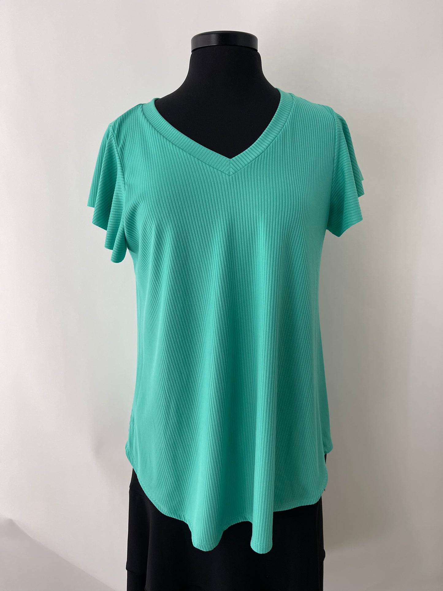 Ribbed V-Neck Top with Ruffle Sleeve - Aqua