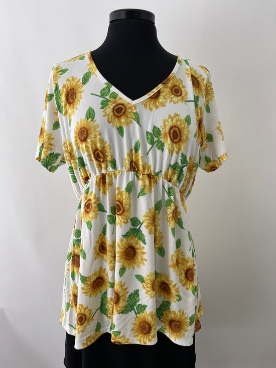 Ribbed V-Neck Sunflower Top with Ruffle Sleeve