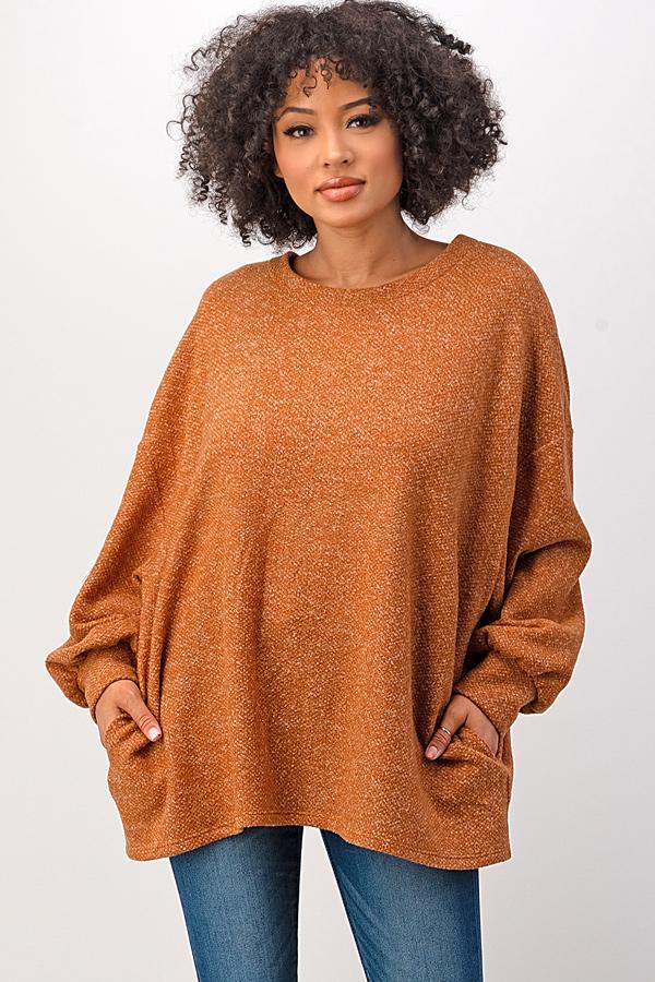 T4133AMBR Brushed Amber Sweater Top with Side Pockets