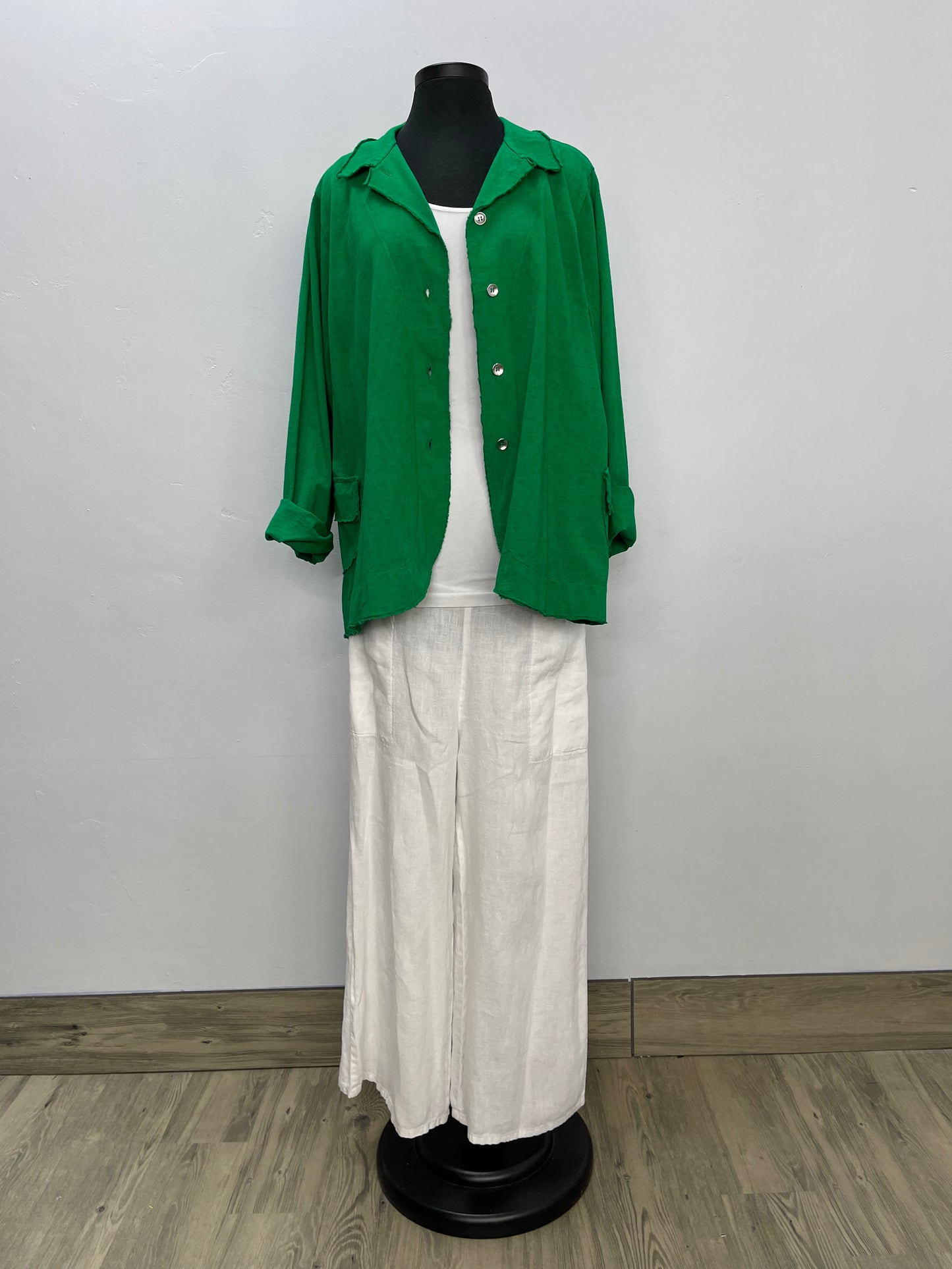 Palm Green Long Sleeve Two Pocket Blazer with Raw Edge