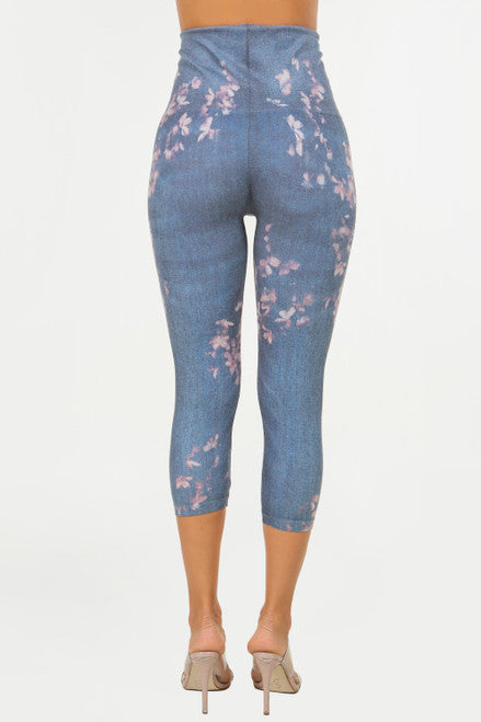 High Waist Light denim Crop Legging with Reverse Tie Dye Floral Print