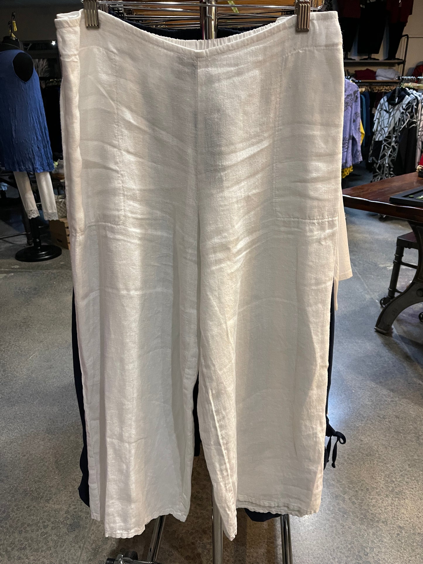 White Linen Flat Front Crop Pant with Adjustable Waist