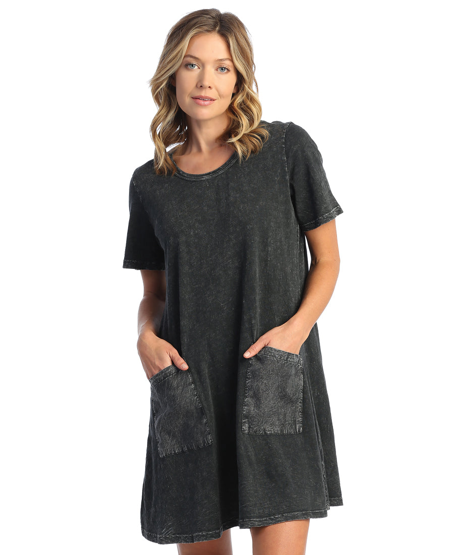 Black Short Sleeve Dress with Linen Pockets
