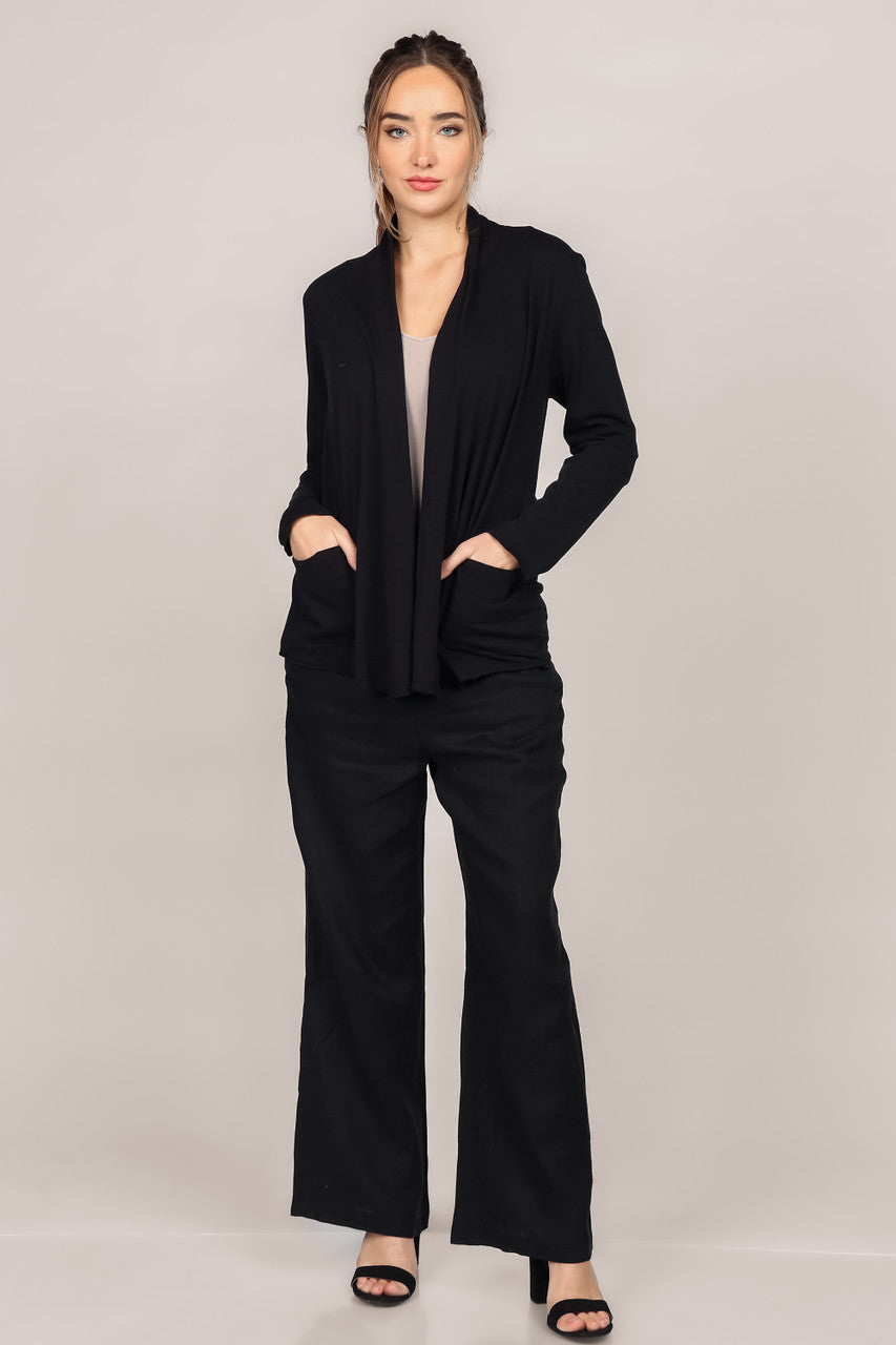 Black Long Sleeve Open Drape Cardigan with Pockets