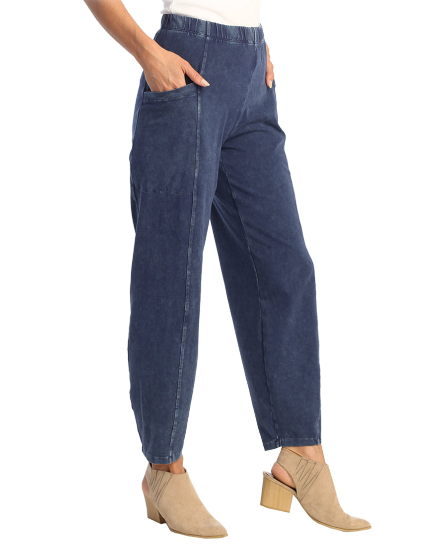Denim Mineral Washed Cotton Lantern Pants With Side Patch Pockets