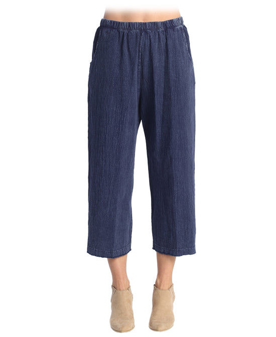 Denim Mineral Washed Cotton Gauze Crop Pant With Pockets