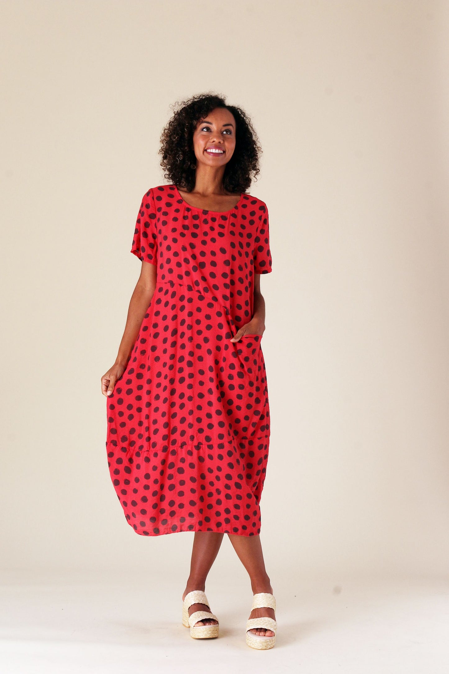 Red Polka Dot Short Sleeve Bubble Dress with Pocket