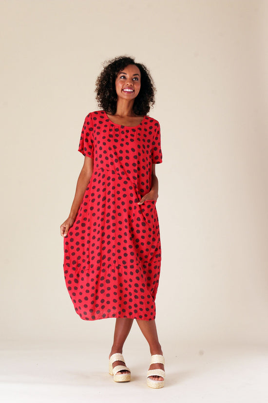 Red Polka Dot Short Sleeve Bubble Dress with Pocket