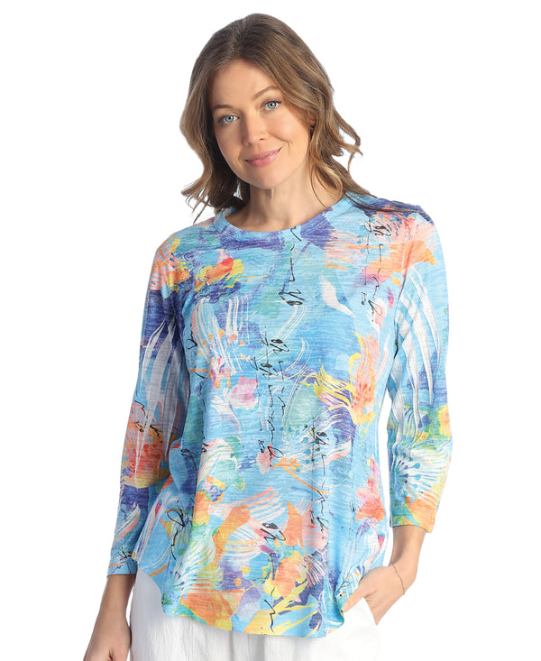 Brook Burnout 3/4 Sleeve Tunic Top With Round Hem - Twist Boutique