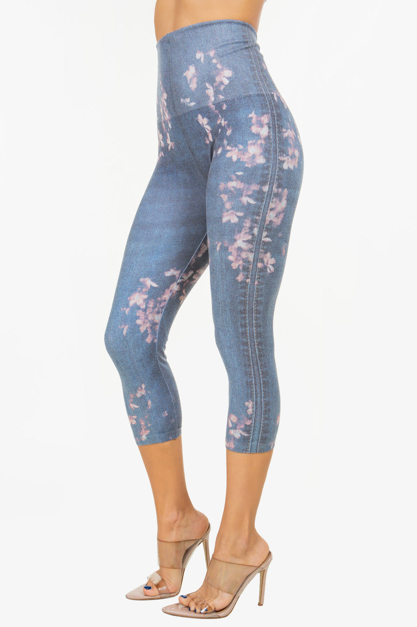 High Waist Light denim Crop Legging with Reverse Tie Dye Floral Print