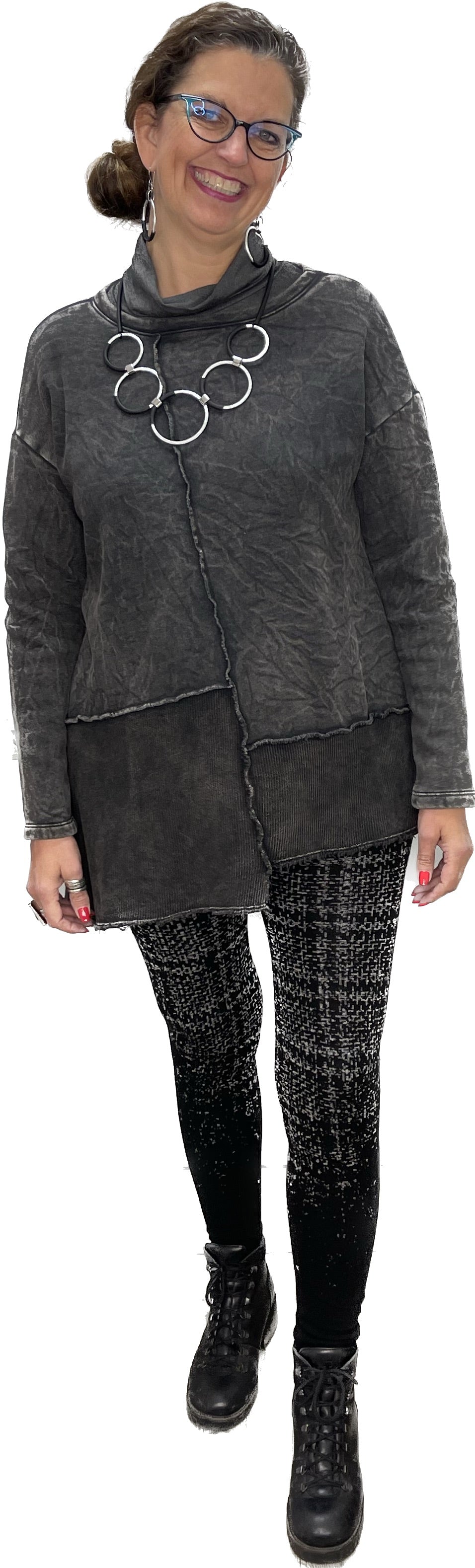 Daisey Long Sleeve Asymmetrical Tunic with Raw Edge - Black