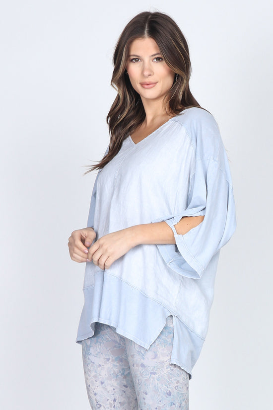 S4978A Frosty Blue Mineral Wash Linen Kimono Top