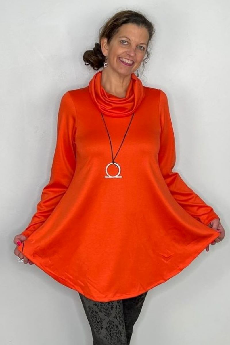 Poppy Orange Long Sleeve Double Knit Cowl Neck