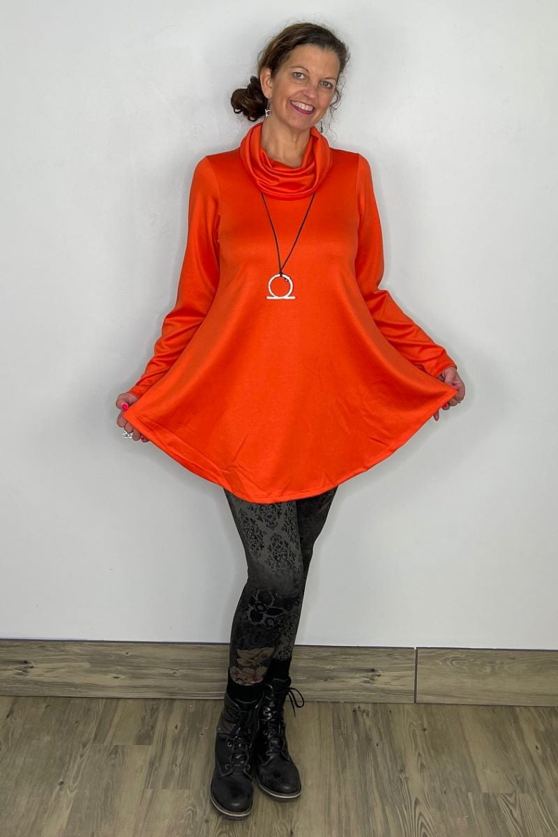 Poppy Orange Long Sleeve Double Knit Cowl Neck