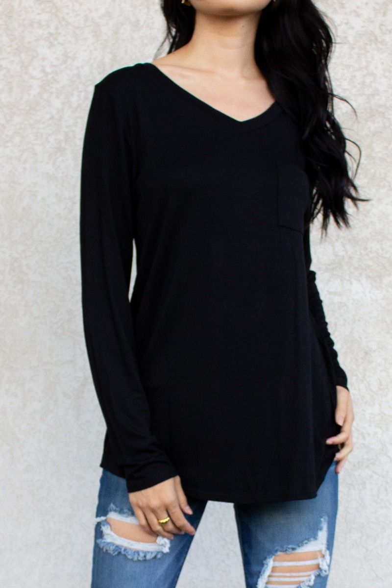 Long Sleeve V-Neck Pocket Tee Tunic