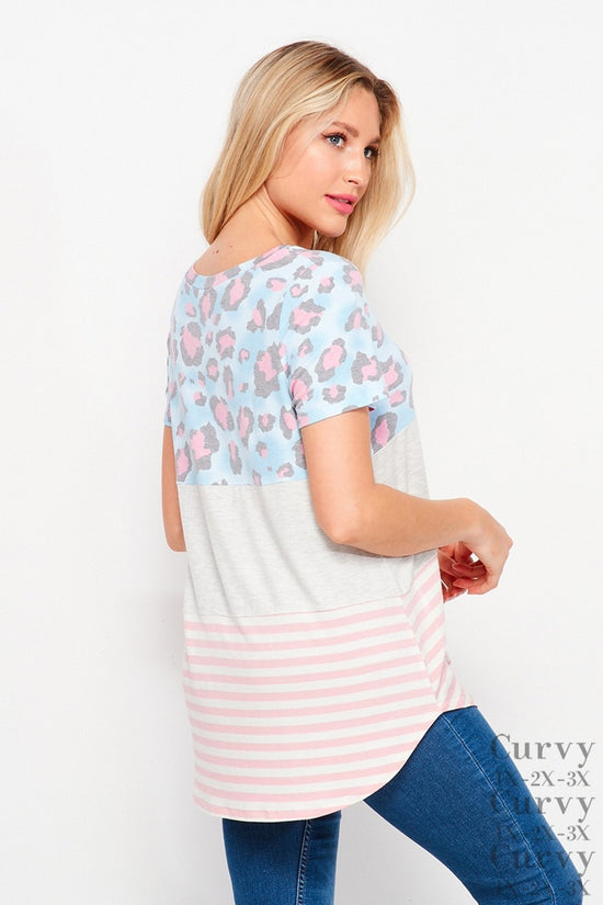 V-Neck Short Sleeve Tunic Blue Pink