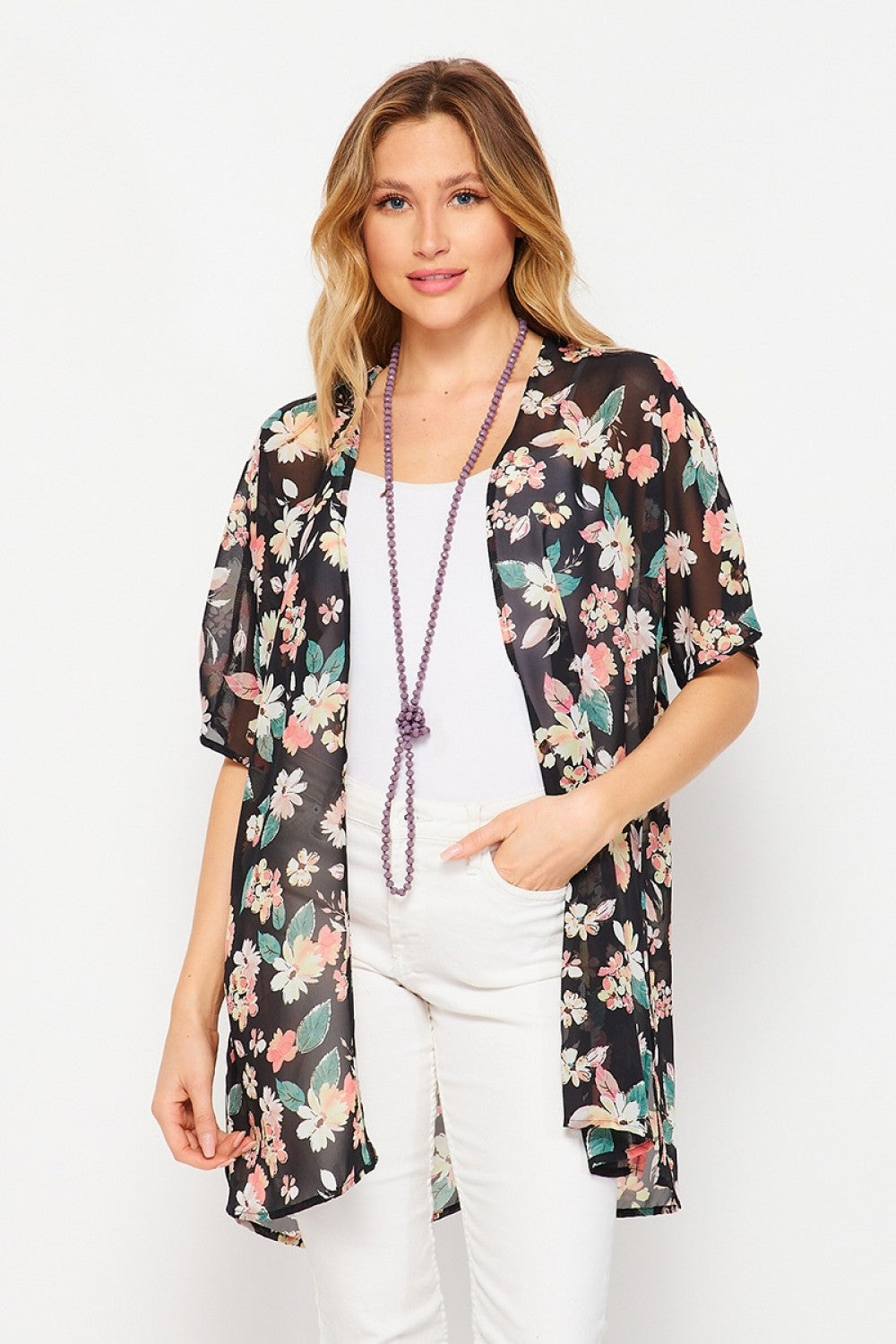 T104288617BB Open Kimono with Floral Pattern