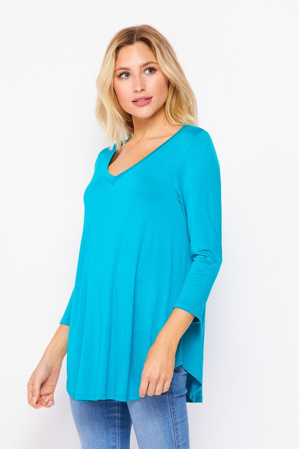 Load image into Gallery viewer, V-Neck 3/4 Sleeve Round Hemline Top
