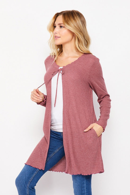 T10705BR  Long Sleeve Cardigan with Lettuce Edging and Pockets