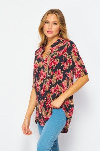 Red Paisley V-Neck Short Sleeve Top