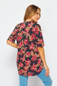 Red Paisley V-Neck Short Sleeve Top