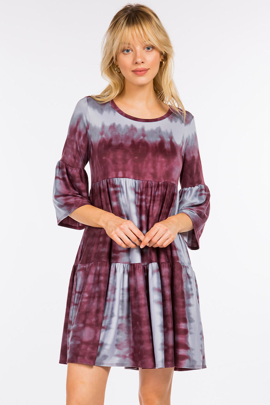 Burgundy/Gray Tie Dye Tiered Tunic Dress